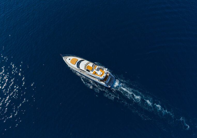 Amazing View to Luxury Yacht Sailing in Mediterranean / Aegean sea at Sunny Day. Bird's Eye-View.