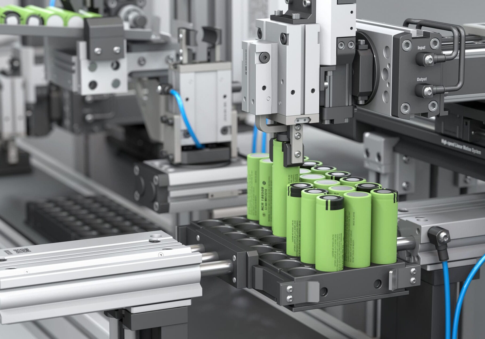 Automatic assembly line for lithium batteries. Robotic packaging with pneumatic grippers. 3d render