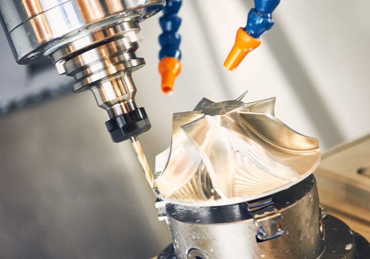 Milling cutting metalworking process. Precision industrial CNC machining of metal detail by mill at factory